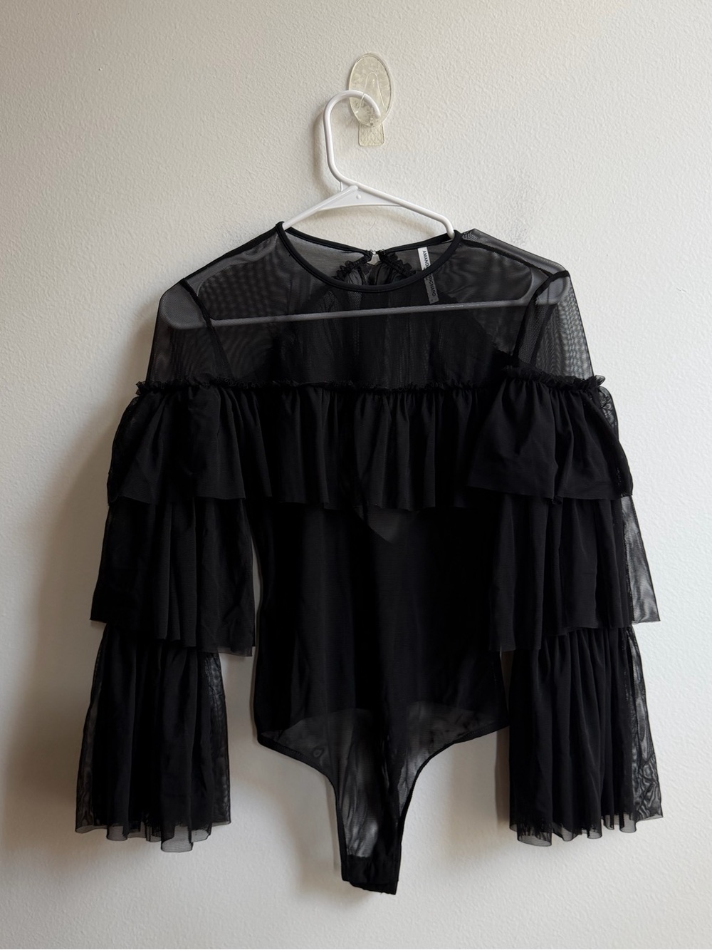 Amanda Uprichard Black Mesh Tiered Sleeve Bodysuit - Picture 4 of 6
